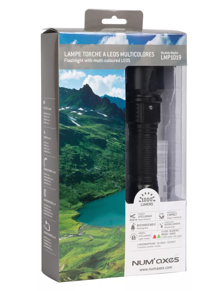 LAMPE TACTIQUE RECHARGEABLE NUM'AXES 3 LED BLANCHE/ROUGE/VERTE 1000 LUMENS