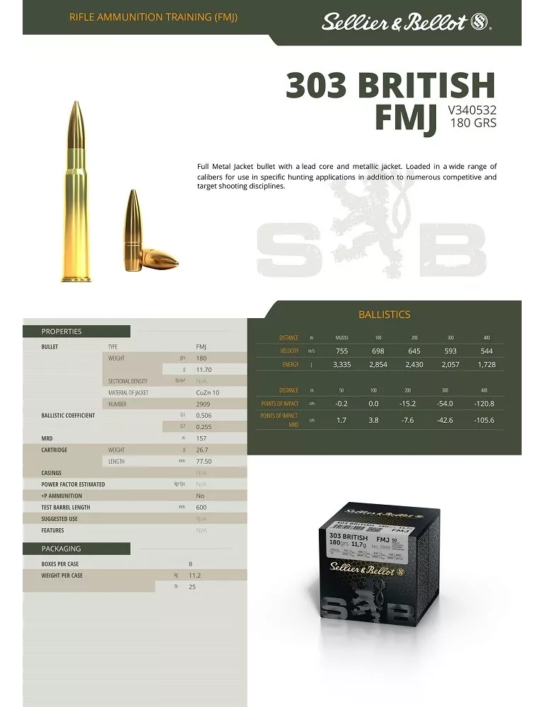 CARTOUCHES SELLIER & BELLOT 303 BRITISH FMJ 180GRS 11.7G VRAC /50