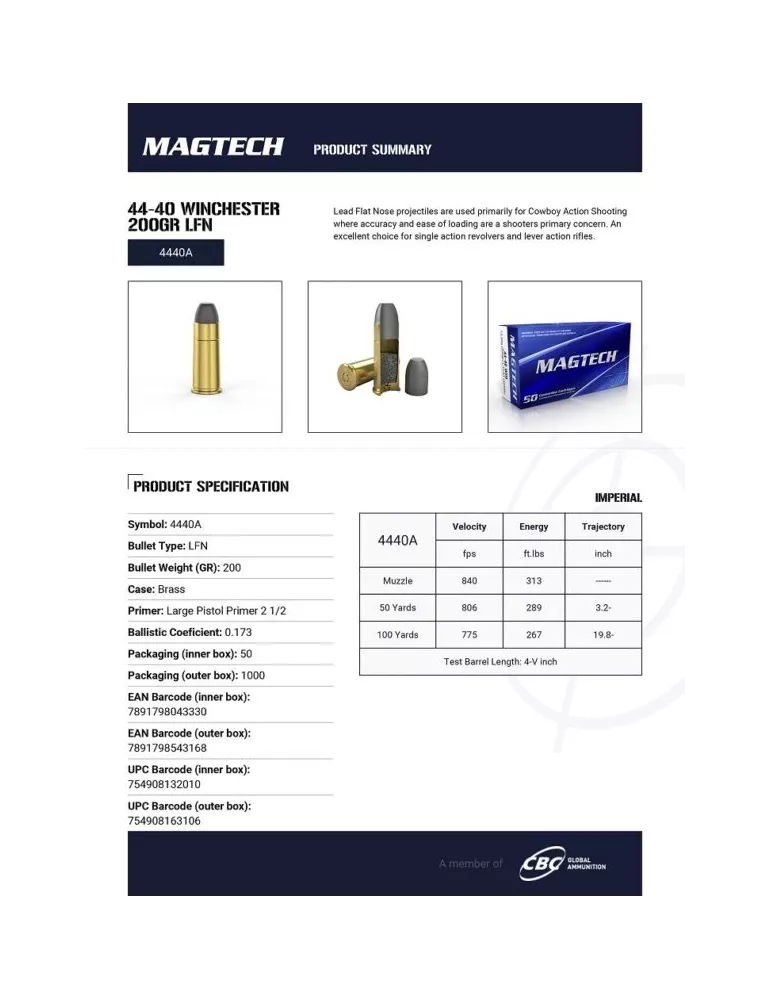 CARTOUCHES MAGTECH 44-40 WIN 200GR LFN