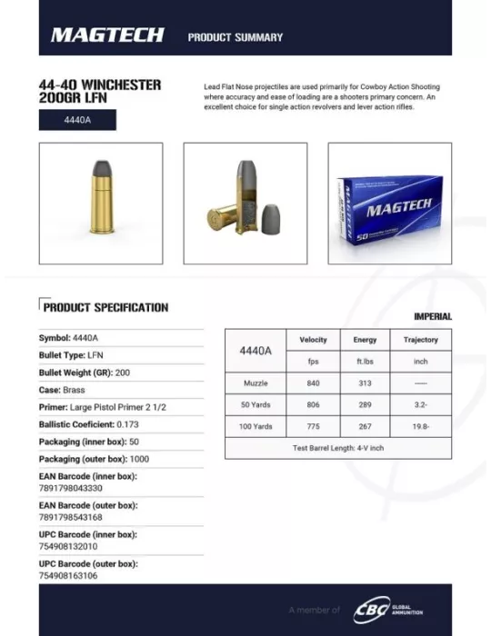 CARTOUCHES MAGTECH 44-40 WIN 200GR LFN