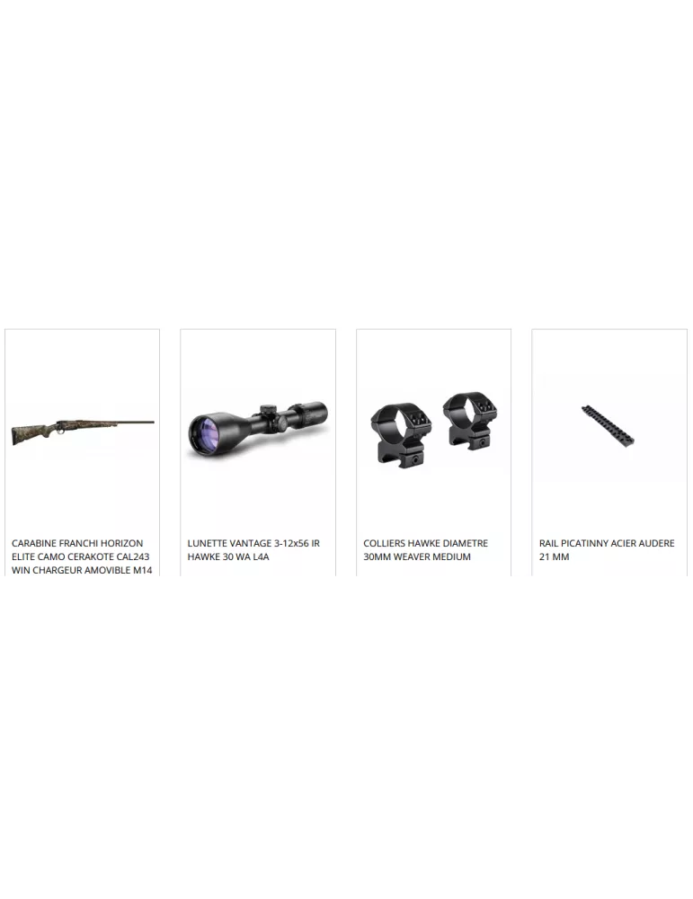 PACK CARABINE FRANCHI HORIZON ELITE 243WIN + LUNETTE VANTAGE 3-12X56 + COLLIERS HAWKE WEAVER MEDIUM + RAIL PICATINNY ACIER 21 MM
