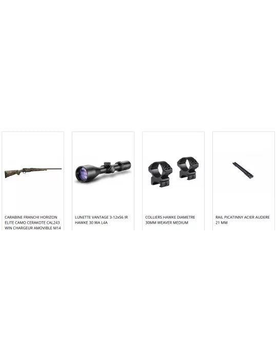 PACK CARABINE FRANCHI HORIZON ELITE 243WIN + LUNETTE VANTAGE 3-12X56 + COLLIERS HAWKE WEAVER MEDIUM + RAIL PICATINNY ACIER 21 MM