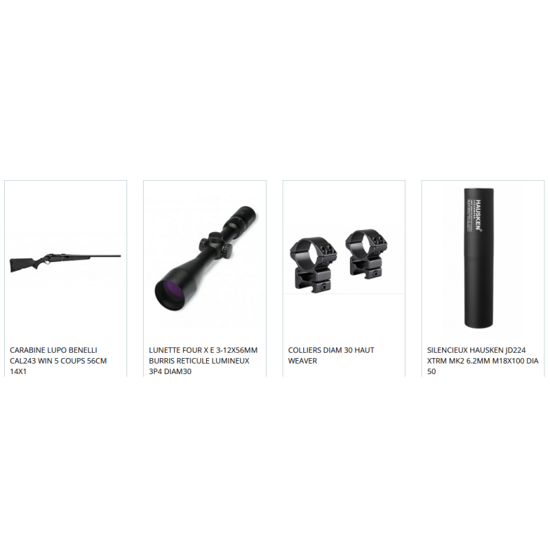 PACK CARABINE BENELLI LUPO 243 WIN + LUNETTE BURRIS 3-12X56 RETICULE LUMINEUX + COLLIERS HAUT WEAVER + SILENCIEUX HAUSKEN 6.2MM