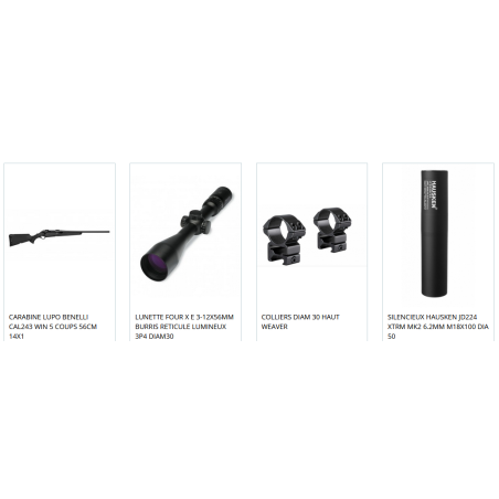 PACK CARABINE BENELLI LUPO 243 WIN + LUNETTE BURRIS 3-12X56 RETICULE LUMINEUX + COLLIERS HAUT WEAVER + SILENCIEUX HAUSKEN 6.2MM