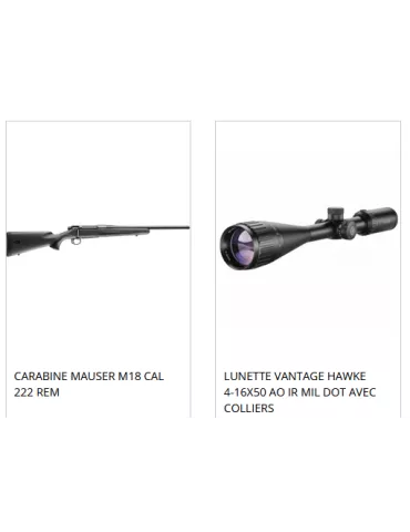 CARABINE MAUSER M18 + LUNETTE VANTAGE HAWKE 4-16X50 + EMBASE AVANT ET ARRIERE + COLLIERS AILETTES HAUT