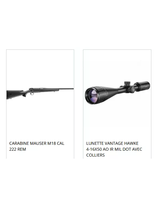 CARABINE MAUSER M18 + LUNETTE VANTAGE HAWKE 4-16X50 + EMBASE AVANT ET ARRIERE + COLLIERS AILETTES HAUT
