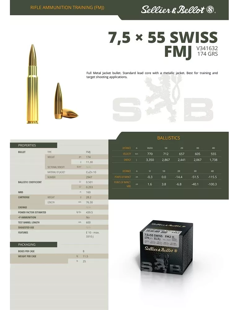 CARTOUCHE SELLIER&BELLOT CAL7.5X55 SWISS FMJ /50